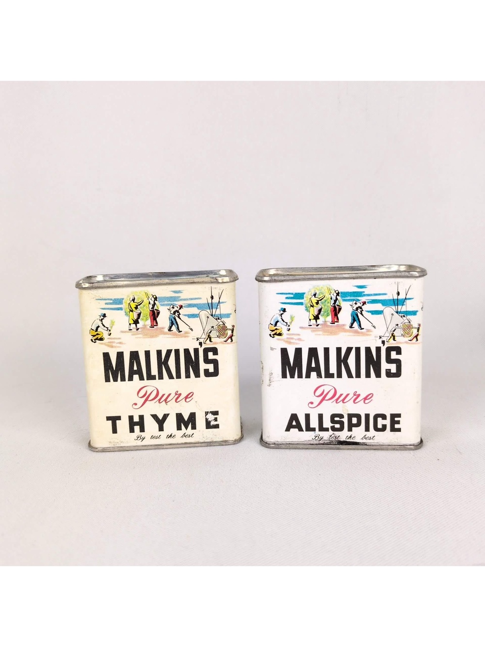 Vintage 1950s Malkin's Spice Tins Pair Vancouver Canada Advertising